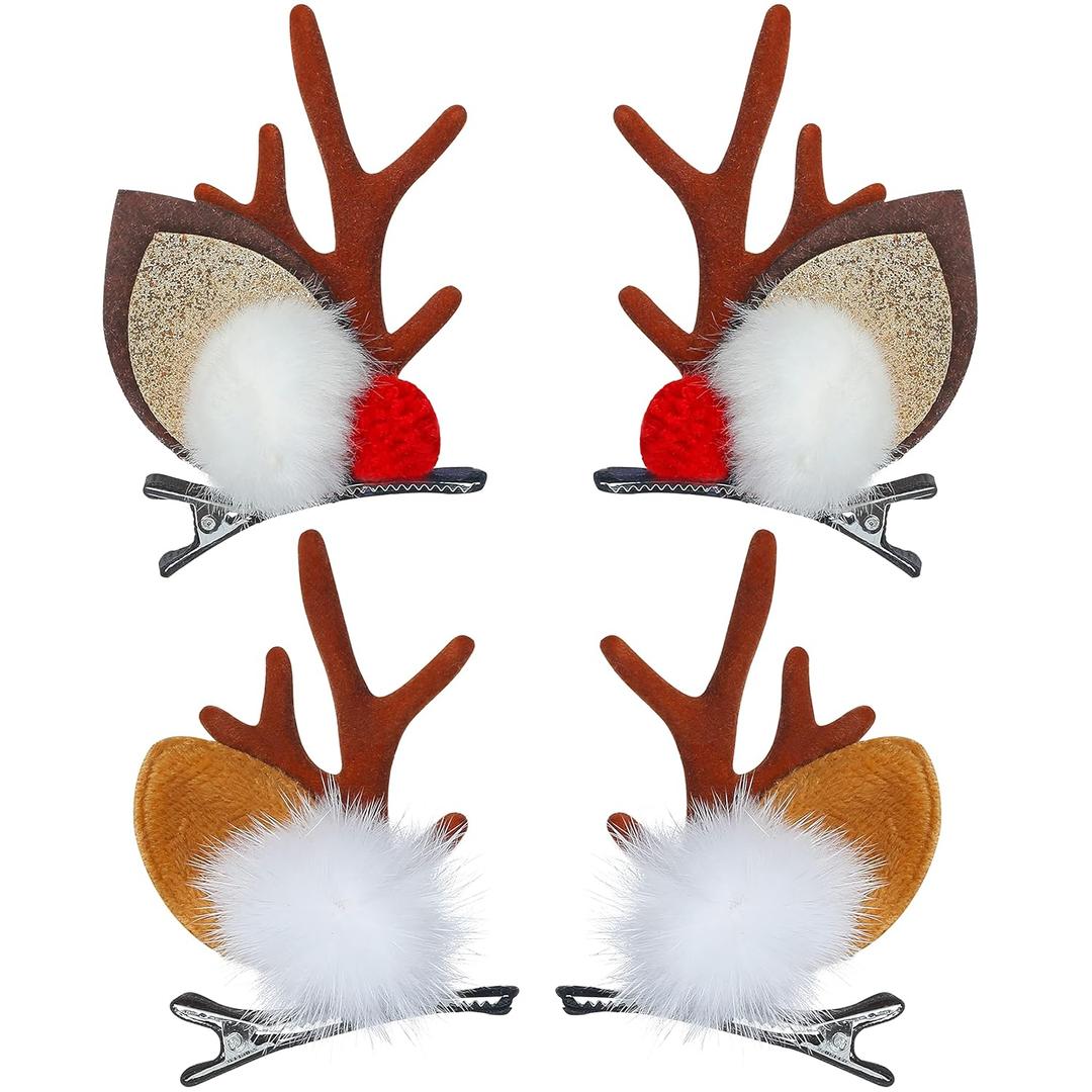 TailaiMei Christmas Hair Clip, 2 Pairs Cute Reindeer Antlers Ears Hair Accessory with Plush Ball, Christmas Hair Pins for Women and Party Favors