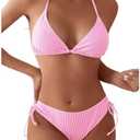 MakeMeChic Women's Halter Bikini Sets 2 Piece Striped High Cut Tie Side Swimsuit Bathing Suit S