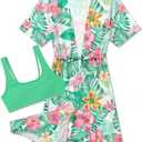 AIDEAONE 5-16T Girls Bathing Suit 3 Piece Swimsuit Drawstring Quick Dry Tankini with Cover Ups (9-10 Years, Light Green Flower)