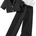 Hilinker Girl's 2 Piece Outfits Short Sleeve Blazer and Belted Sleeveless Jumpsuit Sets, 13-14 Y