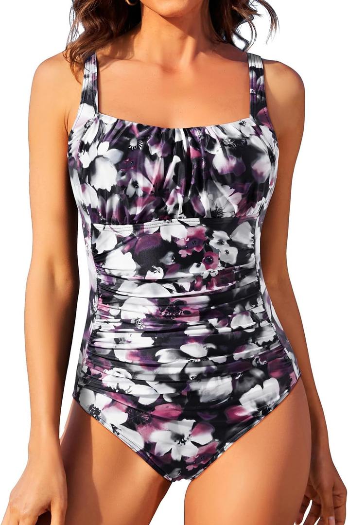 Aqua Eve One Piece Bathing Suit for Women Tummy Control Swimsuit Slimming Vintage Swimwear (Medium, Purple Floral)
