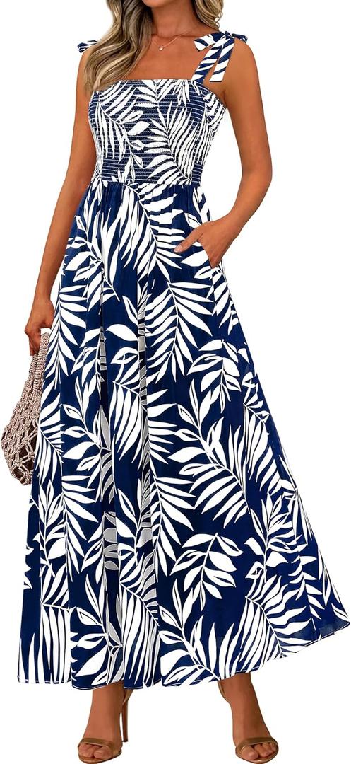 PRETTYGARDEN Womens Summer Dresses Floral Sleeveless Smocked Maxi Dress Boho Spaghetti Strap A Line Flowy Beach Long Sundress (Medium)