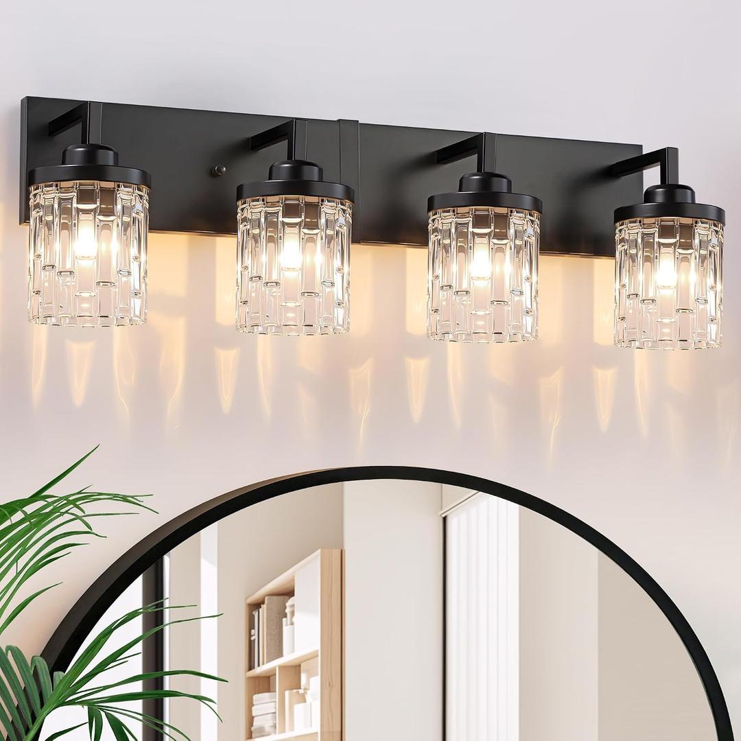 maesta Black Vanity Light, 4 Light Crystal Modern Farmhouse Bathroom Light Fixtures, with Crystal Glass Shade, Rustic Black Bathroom Wall Light Over Mirror for Living Room, Bedroom, Hallway