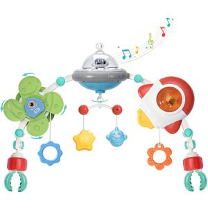 GONINO Baby Stroller Arch Toy, Musical Car Seat Toys for Babies 0-6 Months, Adjustable Crib Mobile with Hanging Sensory Toys for Bassinet & Bouncer, Space Baby Toy with Lights, Newborn Baby Gifts