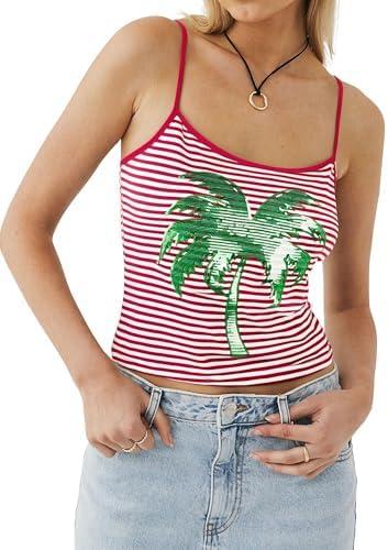 MOUSYA Summer Tank Tops Women Sequin Palm Tree Shirt Striped Spaghetti Strap Crop Cami Y2K Aesthetic Sleeveless Tops L