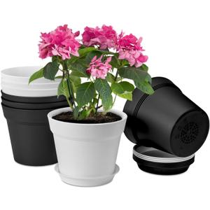 Homenote Plant Pots,7.5 Inch Flower Pots for Plants Plastic Planters for Indoor with Multiple Drainage Holes and Trays, for All Home Garden Flowers Succulents,Outdoor(White&Black,8 Pack)
