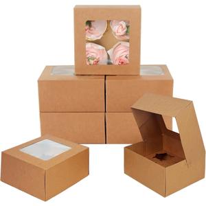 qiqee Auto-pop Up 4 Cupcake Boxes with Window Brown 30 Packs Cupcake Box 6.3"x6.3"x3" Bakery Boxes For Cupcakes Carrier, Cupcake Containers (4 Holder/30 Packs)