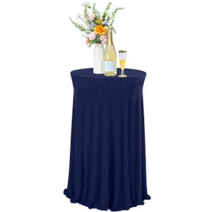 Tegeme 1 Pack 32 x 43 Inch Round Spandex Cocktail Tablecloths with Skirt Cocktail Round Table Cover Spandex Stretch Tablecloth for Fitted High Top Table Bar Wedding Party Banquet (Navy)