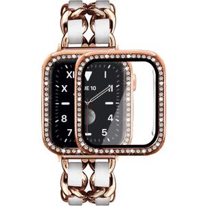 Mosonio Compatible for Apple Watch 41mm with Screen Protectors Case Women, Jewelry Bracelet Metal Bands with 2Pack Bling Case Cover for 41mm iWatch Series 9 8 7(Rose Gold Link with White Leather)