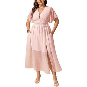 EYWOL Star Chiffon Dress, A-Line Split Long Dress with Pockets Sizes M-3XL | Chiffon,M-3xl,Runs Small,A Line,Navy,Star Print,Pockets,Zipper,Formal,Split,Wedding Guest,V Neck,Lightweight,Flowy,Cocktail (Pink, L)