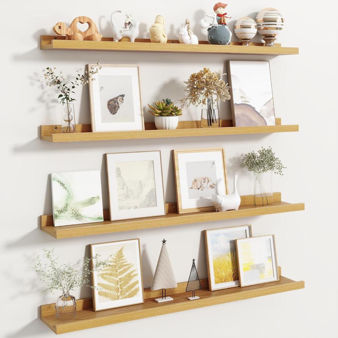 Fun Memories Picture Ledge Shelf, Floating Shelves Set of 4, 36 Inch Picture Shelves for Wall with Ledge, Large Nursery Book Shelf for Toys Storage, Living Room, Bedroom Decor Frames, Oak