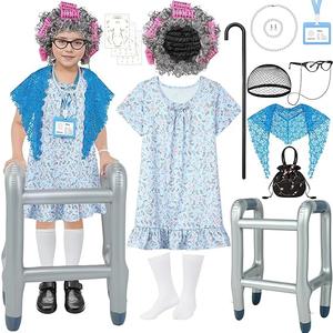 Old Lady Costume for Kids Girls 100th Day of School Grandma Costume Granny Dress with Shawl Wig for Cosplay