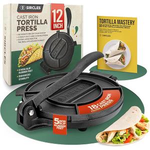 SIRCLES Tortilla Press 12 Inch Cast Iron - Extra Large, Heavy Duty 12 Inch Tortilla Press - Ebook Tortilla recipes - 5 Non-Slip Rubber Feet - Pre-Seasoned - Prensa Para Tortillas De 12 Pulgadas Grande