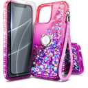 NGB Designed for iPhone 11 Phone Case, Pink/Purple | Glitter Liquid Sparkle Cute Cover for Women Girls Kids | with Tempered Glass Screen Protector & Ring Holder & Wrist Strap