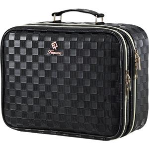 Makeup Bag with LED Lighted Mirror 12.2 IN Cosmetic Train Case Double Layer Makeup Case Adjustable Brightness in 3 Colors Cosmetic Organizer Artist Storage with Brush Holder Vanity Black Checkerboard