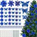 122 Pcs Christmas Glitter Poinsettia Artificial Flowers Berry Picks Butterfly Christmas Tree Ornaments 3 Styles Poinsettia kit with Clip for Xmas Wreath Home Tree Decor(Royal Blue)
