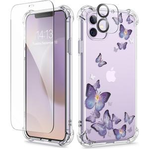 GVIEWIN for iPhone 11 Case Floral, with Screen Protector&Camera Lens Protector,[Non Yellowing] Soft Shockproof Clear Phone Protective Cover for Women, Flower Pattern Design 6.1"(Alluring Butterfly)
