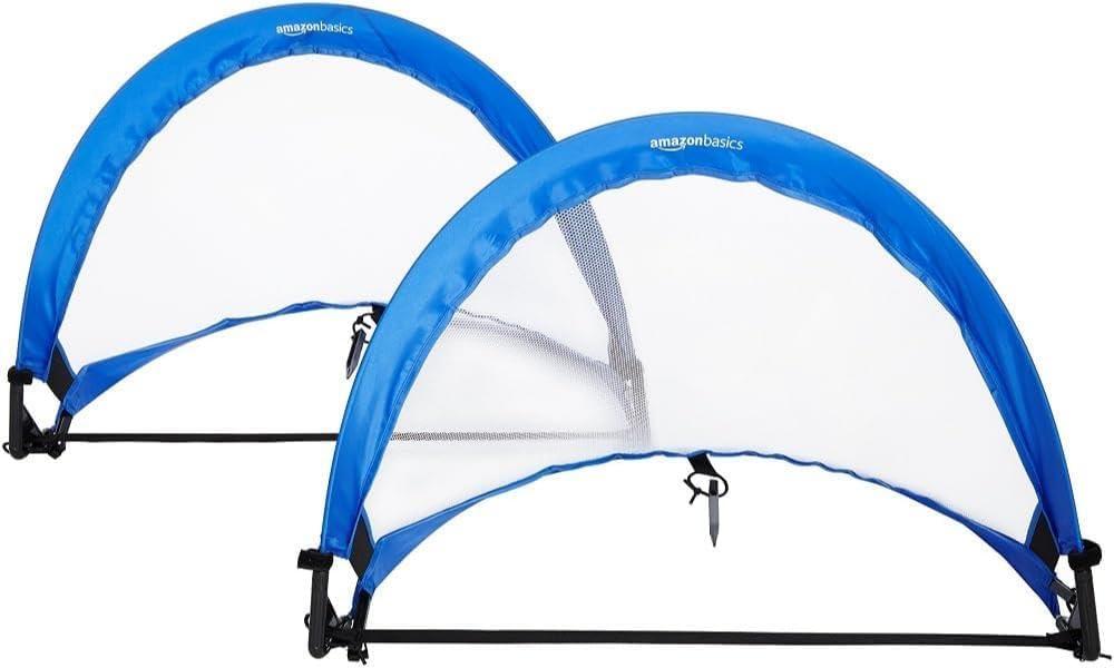 Amazon Basics Portable Pop Up Soccer Goal Set for Kids, Training Equipment, Outdoor Sports Games, Backyard Soccer, Blue, 2-Pack, Set of 2 Portable 2.5-Foot Blue Soccer Goal Nets (2.5 x 1.8 x 1.8 ft / W x D x H), Ground Stakes & Carrying Bag