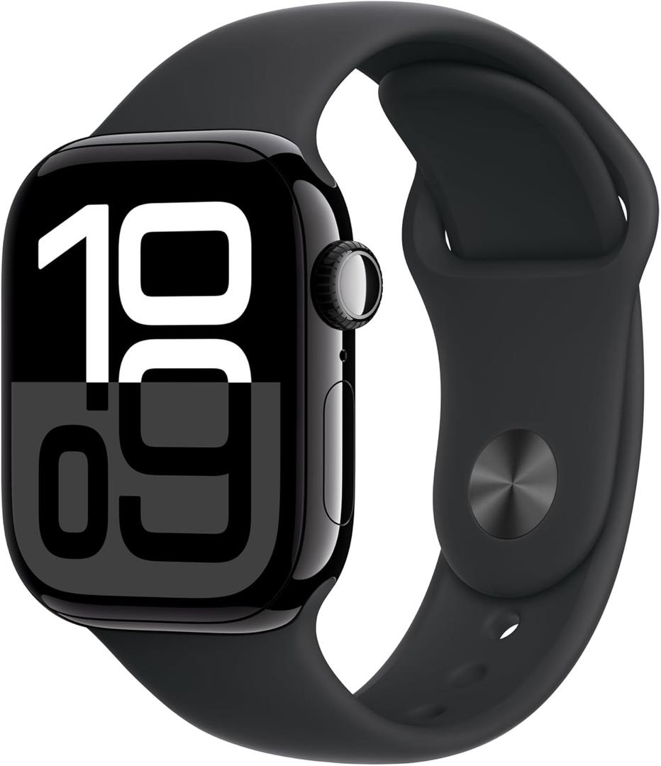 Apple Watch Series 10 [GPS 42mm case] Smartwatch with Jet Black Aluminum Case with Black Sport Band - M/L. Fitness Tracker, ECG App, Always-On Retina Display, Water Resistant