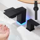 BESy Led 3 Hole Bathroom Sink Faucet, Matte Black Waterfall Widespread Bathroom Faucet with 3 Colors Light Changing, 2 Handle with Supply Lines with Pop Up Drain