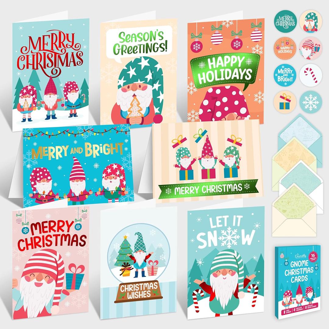 Decorably 16 Pack Foiled 5x7in Gnome Christmas Cards with Envelopes and Stickers, 8 Adorable Holiday Designs Seasons Greetings for Family, Friends & Loved Ones with Printed Message, Gifting, Mailing