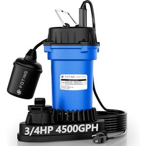 FOTING 3/4HP Submersible Sump Pump,4500 GPH Cast Iron Sewage/Effluent Pump,Automatic Tethered Float Switch,Septic Pump for Basement,Septic Tank,Basin,Sewage Well,1-1/2" NPT Discharge, Dark Blue