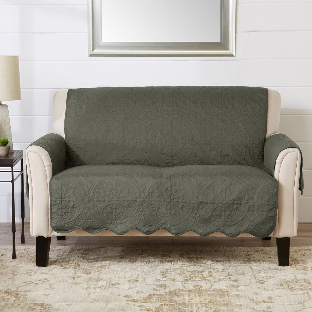 Reversible Loveseat Cover - Washable Slipcover Furniture Protector with Elastic Straps - Couch Cover for Dogs, Kids, and Pets - Quilted & Stitched Detail (Loveseat, Sage Green / Light Gray)