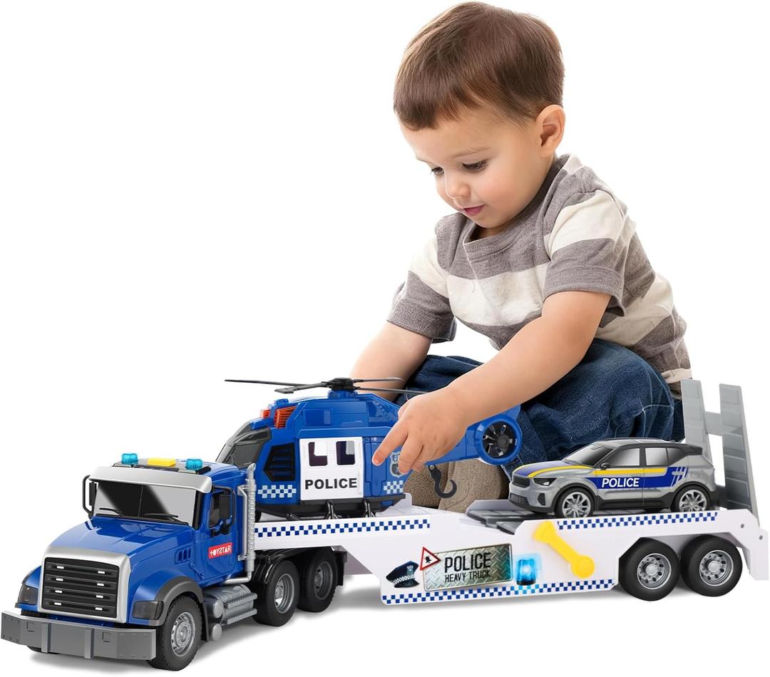 Police Semi Trailer Truck Toy, Large Flatbed Truck Carrier with Police Car and Helicopter, Lights and Sounds, Birthday for Kids Boys Age 3 4 5 6+