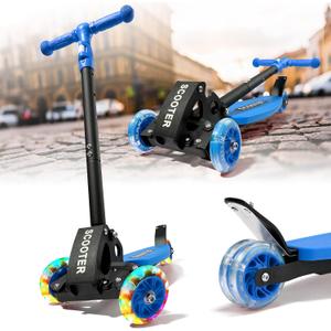 Kick Scooters for Kids 5-7 8-12,Lean to Steer,Three Wheeled Light Up,28"-32" Adjustable Handlebar,Widen Anti-Slip Deck,Floor Push Scooter for Boys Girls Ages 6-12 3-4 Old,Foldable for Travel (Blue)