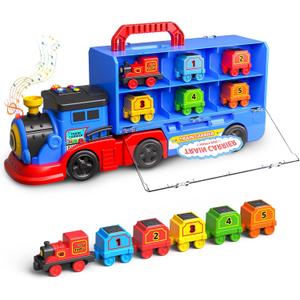 Gloween Train Set Truck Toys for Toddler Boys Girls Age 3 4 5 6 Years Old, Carrier Transport Truck with Light & Music, Great Christmas Birthday Gifts for Kids 3-4 3-5 Years Old
