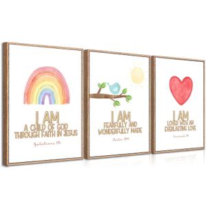 FTQYQLD Bible Verse Wall Art for Nursery - Set of 3 Watercolor Christian Posters - I Am A Child of God Scripture Prints - Religious Baby Room Decor for Boys Girls Bedroom Playroom - 12x16in