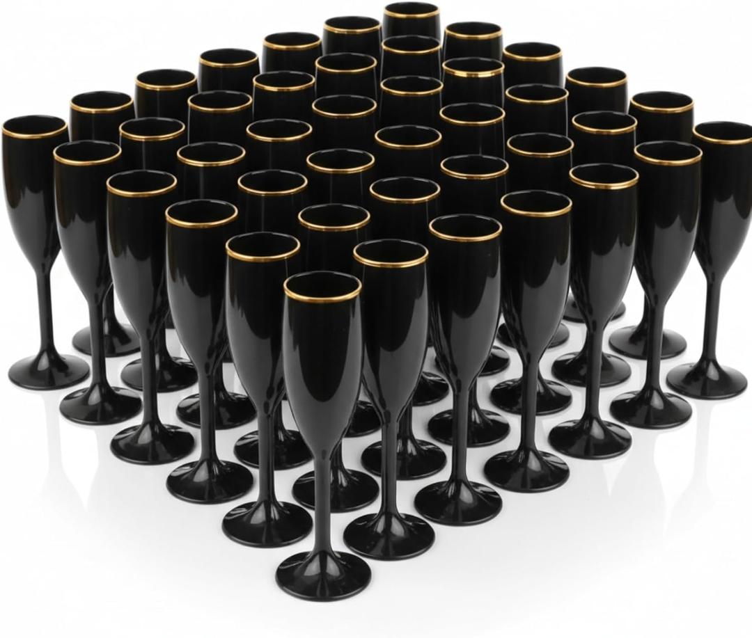 Domensi 40 Pcs Champagne Flutes Bulk 6 oz Christmas Acrylic Wine Glasses Toasting Goblet Unbreakable Plastic High Stem Champagne Cups for Wedding Birthday Party (Black and Gold)