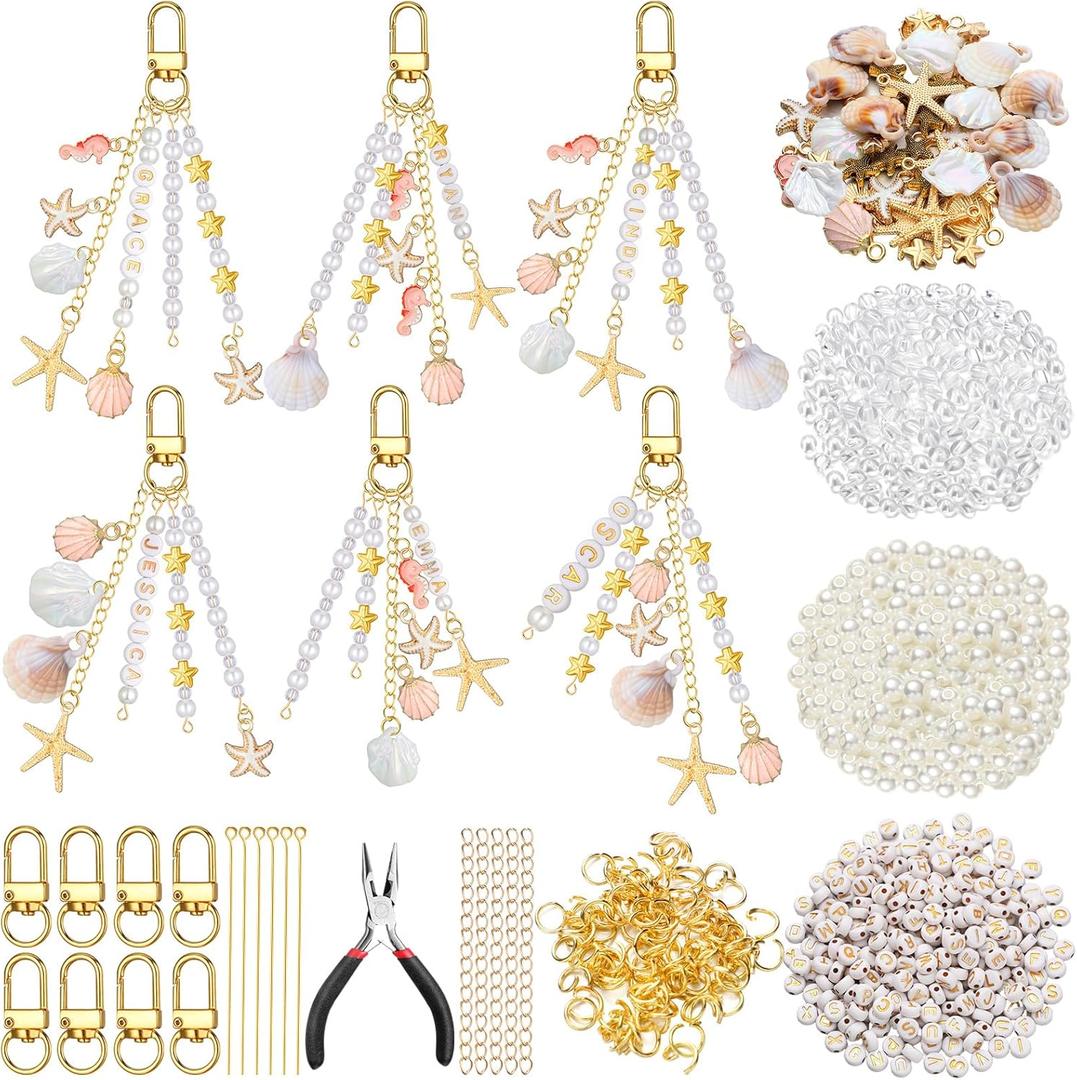 Cunno 776 Pcs Seashell Keychain Making Kit Ocean DIY Craft Key Chain Starfish Pearl Seahorse Letter Name Beads with Keychain Clip and Tool Accessories for Backpacks Purse Tote Bag Crafts DIY Supplies (Pink Gold)