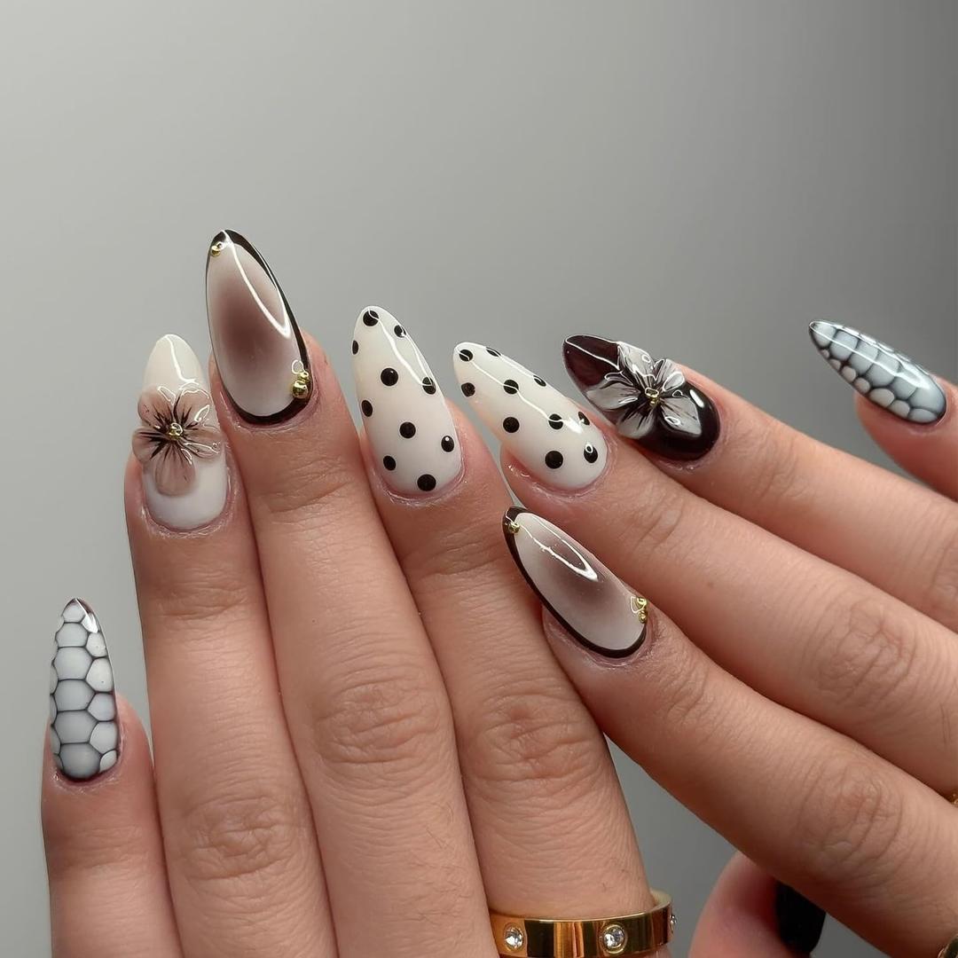 Medium Almond Fake Nails Polka Dots Crocodile Skin Press on Nails 3D Flower Pearl Stick on Nails Full Cover False Nails Daily Party Glue on Nails for Women Decorations 24Pcs