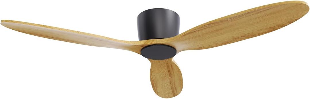 Flush Mount Ceiling Fan no light with Remote, 52 inch Low Profile Wood Ceiling Fan without light for Outdoor, Bedroom, Natural Wood and matte Black, DC Motor, 6 Speed