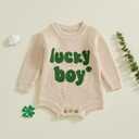 Nibbcoa Newborn Baby Boy St Patricks Day Outfit Lucky Boy Embroidery Knit Sweater Romper Long Sleeve Knitted Bodysuit (S-Apricot, 3-6 Months)