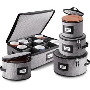 Fine China Hard Shell Dish Organizer - 5 Piece Stackable Mug and Plate Storage Containers with Dividers for Moving and Seasonal Storage