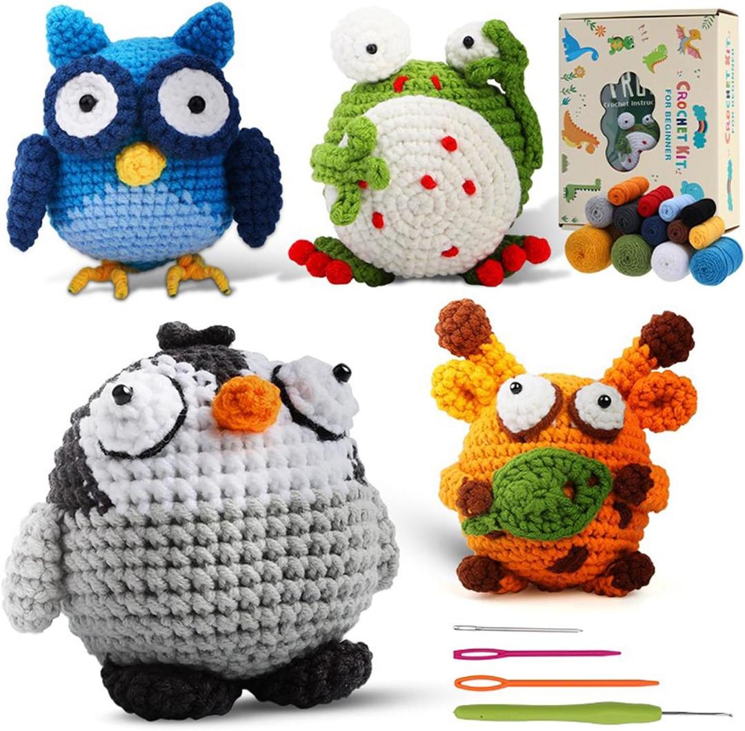 Bojianxin Set of 4 Crochet Kit for Beginners Kids, DIY Art Craft Set, Great Gift for Crochet Lovers, Crocheting Animal Kits with Step by Step Videos, Yarn, Hook, Adults and Kids Crochet Beginner Kit