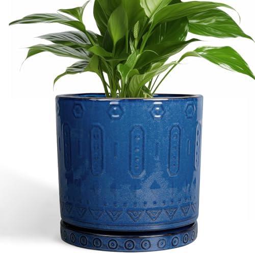Eightpot Ceramic Planter - 8Є Plant Pot Indoor with Drainage Holes and Saucer Round Planter Outdoor Mid-Century Modern Flower Pot Succulent Pot for Home Decor Blue