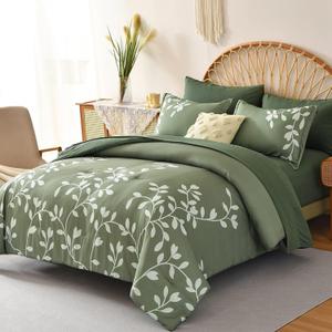 King Size Comforter Set - 7 Pieces Floral Botanical Printed on Green King Comforter Set with Sheets, Soft Lightweight Microfiber Bedding Set for All Season(104"X90")