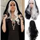 BERON Black White Wig Long Curly Wig Women Girls Wavy Black and White Wig Heat Resistant Wavy Two Tone Cosplay Costume Halloween Wig