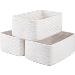 OIASKET 3 Pack Small Storage Baskets for Organizing, Cute Woven Decorative Gift Baskets for Shelves, Mini Closet Organizer Bins with Handles, 11.81''Lx7.87''Wx4.72''H-White