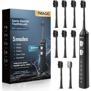 7MAGIC Sonic Electric Toothbrush for Adults and Kids - Up to 180 Days Runtime, 42000 VPM Powered Toothbrush, 5 Modes & 3 Intensities for Sensitive Teeth & Braces, Includes 8 Brush Heads, Black