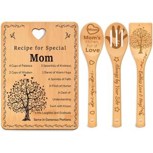 Recipe for Special Mom Gift Set, Bamboo Cutting Board with Engraved Utensils, Mother's Day Gifts for Mom, Unique Birthday Gift from Daughter for New Moms, Mother in Law, Bonus Mama