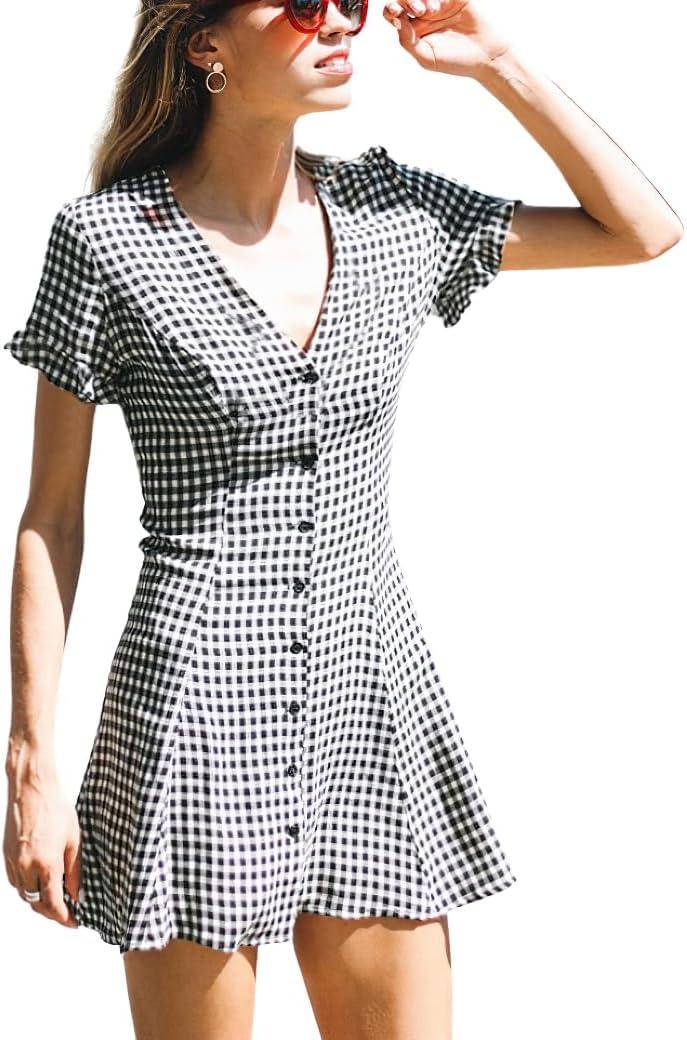 chouyatou Women's Cute Short Sleeve Gingham A Line Mini Dress Plaid Button Down Ruffle Short Shirt Dress Large