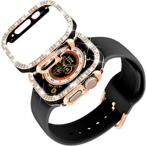 DABAOZA Compatible for Apple Watch Bands 49mm with Bumper, Bling Glitter Women Silicone Soft Comfortable Strap for iWatch SE Ultra 3 2 Series 11 10 9 8 7 6 5 4 3 2 1Black Rosegold49