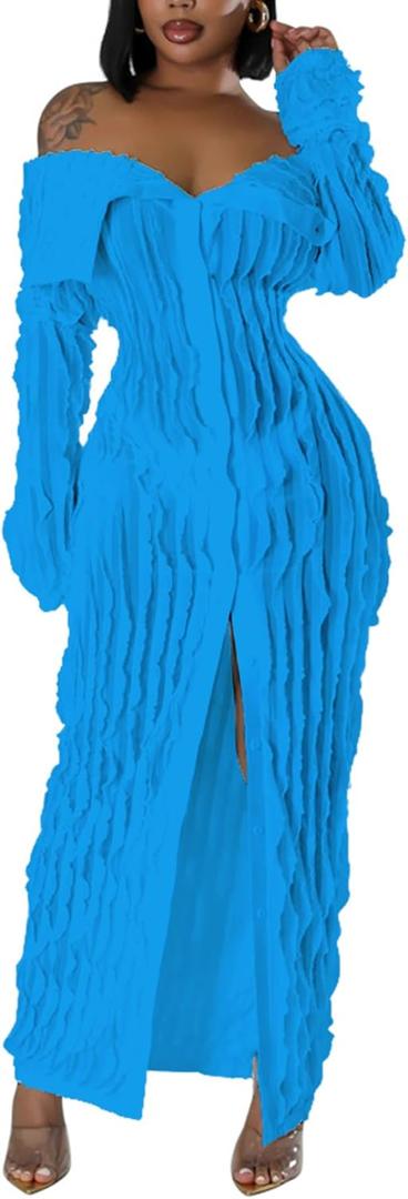 LETSVDO Women's Maxi Off Shoulder Dress Long Sleeve Button Down Ruffle Mesh Bodycon Sexy Dresses Stretchy (XX-Large, 1-blue)