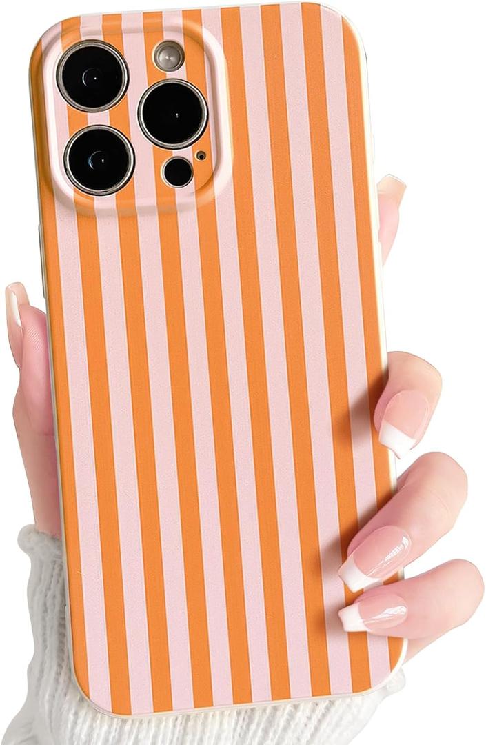 Lovmooful Compatible for iPhone 15 Pro Max Case Cute Color Striped with Aesthetics Design for Girls Women Soft TPU Shockproof More Protective Girly for iPhone 15 Pro Max Case-Orange&Pink