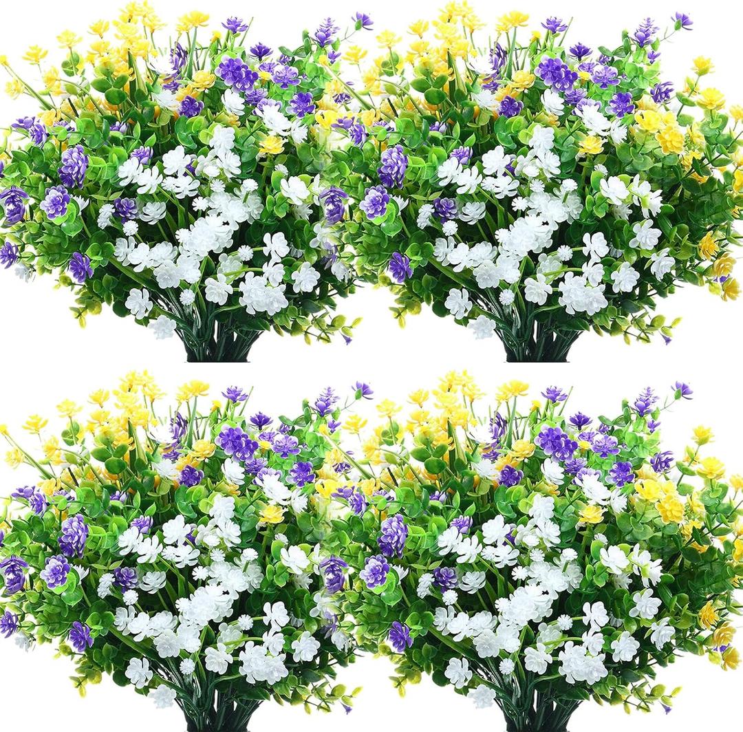 WILLBOND 36 Bundles Artificial Flowers Outdoor, UV Resistant Faux Artificial Plants Shrubs Flower Bulk for Hanging Planter Porch Window Home Wedding Spring Summer Decor (Yellow,Purple,White)
