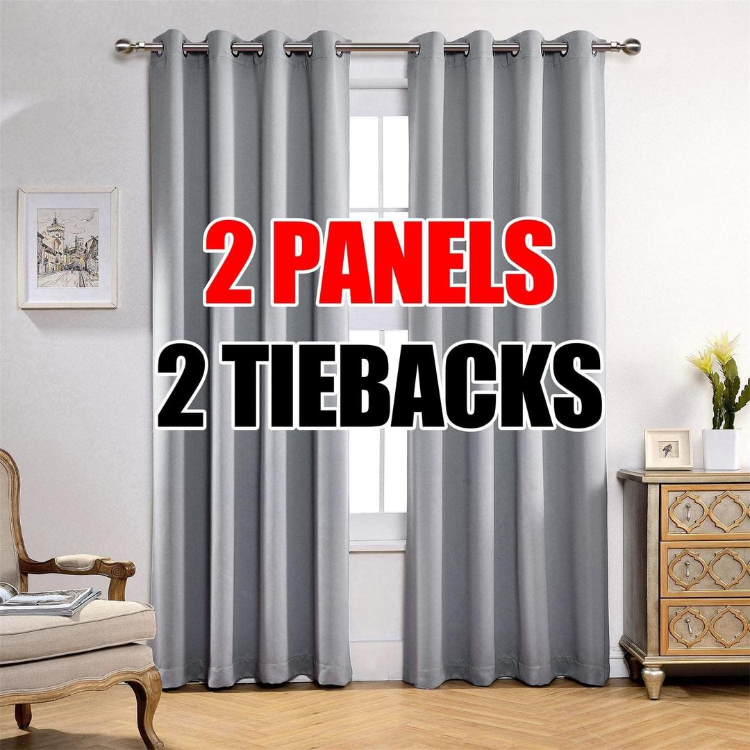 MIUCO 1 Pair Thermal Insulated Grommet 52-Inch-by-95-Inch Blackout Window Curtain Panels with 2 Tie Backs, Silver